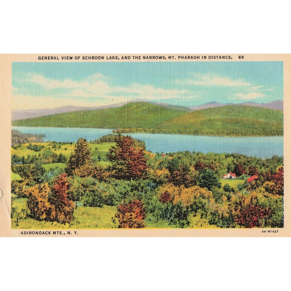 Schroon Lake New York NY Adirondack Mts Linen Postcard Mt Pharaoh Narrows Teich